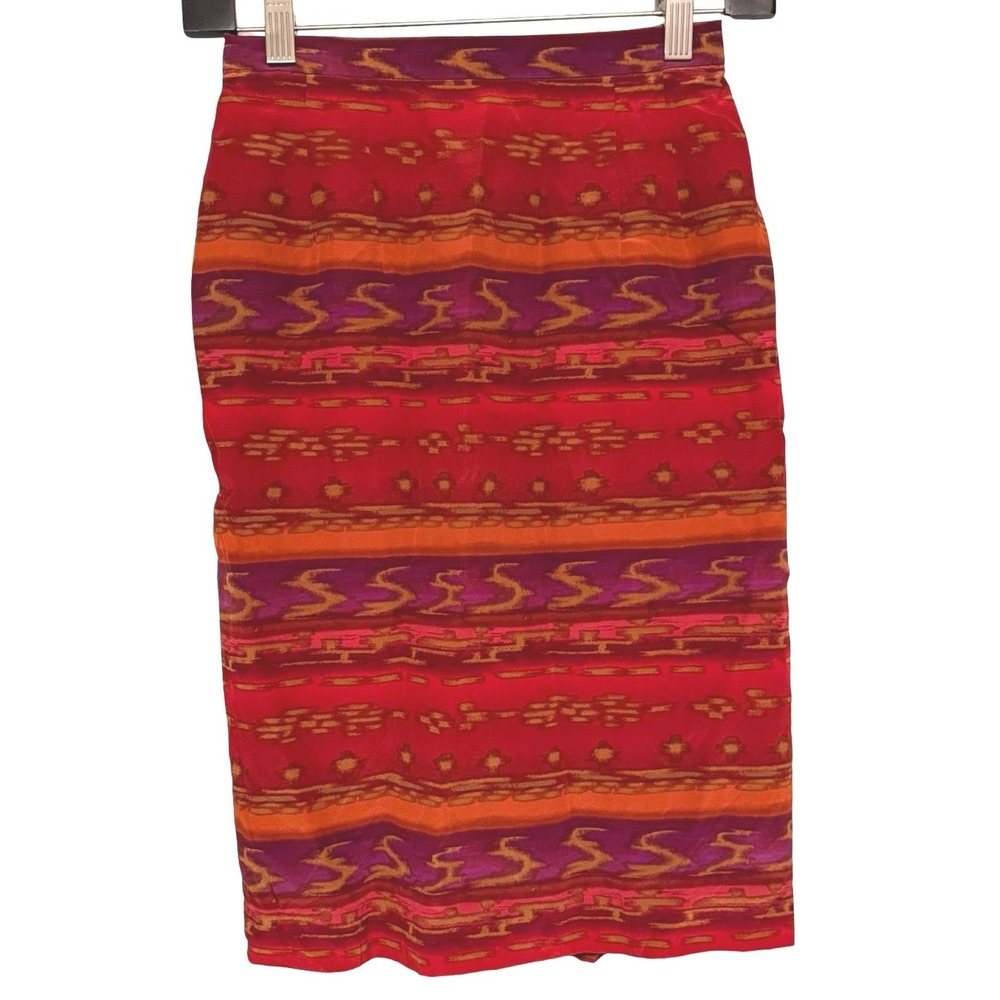 Vintage Maggy London 100% Silk Pencil Skirt Size 2 Red Ikat Tribal Print Boho